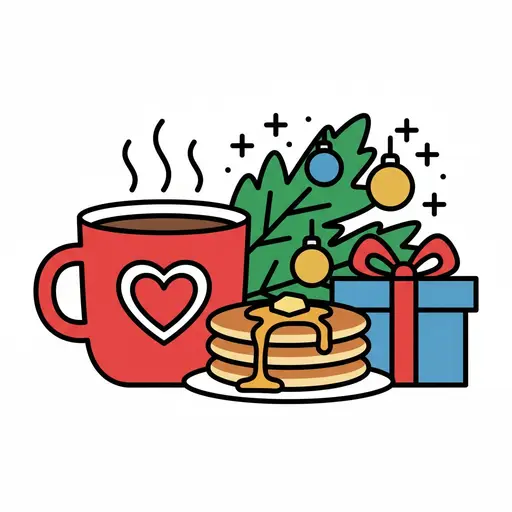 Een rode mok met een warme drank naast pannenkoeken, een dennentakje en een ingepakt cadeau.