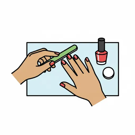 One hand files the nails of the other, with a bottle of nail polish beside them.