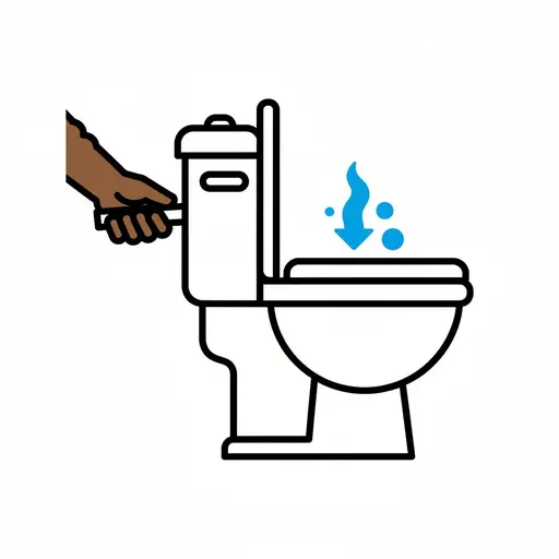 Een hand spoelt de wc door.