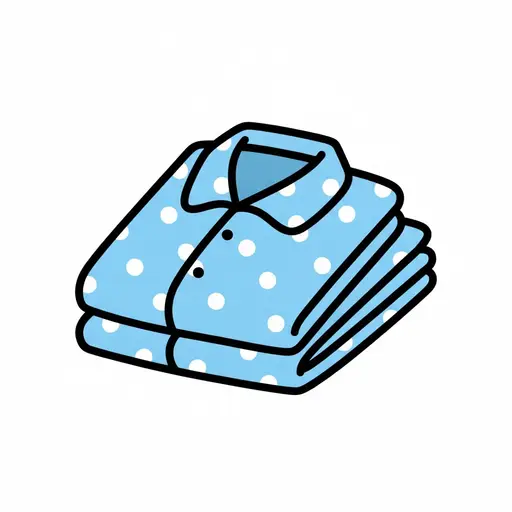 Een opgevouwen lichtblauwe pyjama met witte stippen, een kraag en knopen, met de broek eronder opgevouwen.