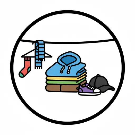 A circular icon with a stack of folded clothes, a purple shoe and a cap, plus a sock and a scarf hanging on a line.