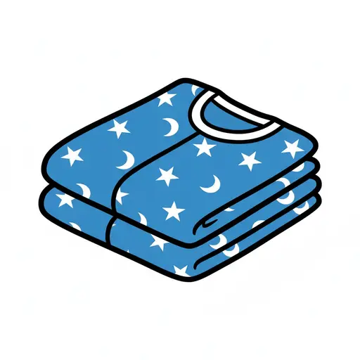 Een netjes opgevouwen blauwe pyjama vol witte sterren en manen, afgewerkt met een witte halsband.