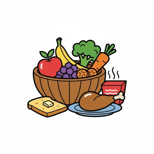 En trebolle med eple, banan, druer, appelsin, brokkoli og gulrot, foran en brødskive, et kyllinglår på en tallerken og en dampende rød matboks.