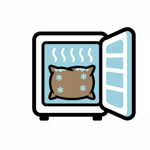 A wheat bag is placed inside an open freezer to cool down.