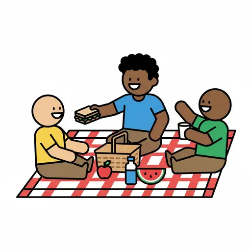 Een lachende vriend geeft een boterham aan een andere vriend over een picknickkleed heen terwijl een derde vriend ernaast zit met een beker, een mand en fruit op het kleed.