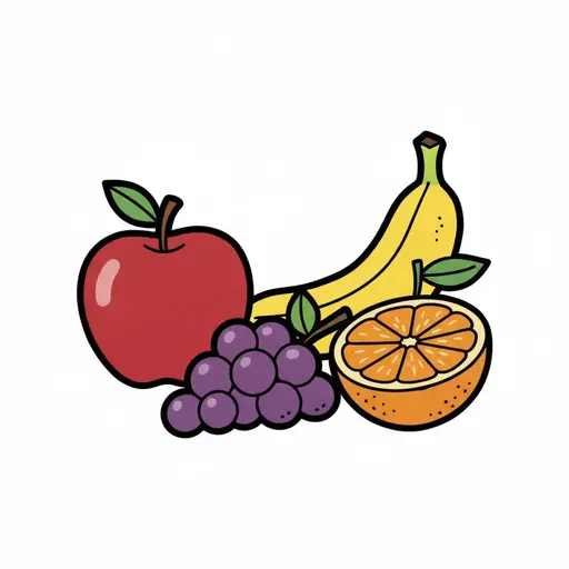 A red apple, grapes, a banana and half an orange.