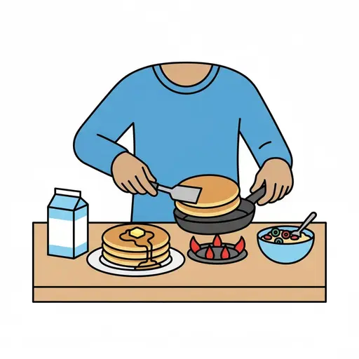 En person i blå trøje steger pandekager på en pande med mælk, en tallerken pandekager og en skål morgenmad på bordet.