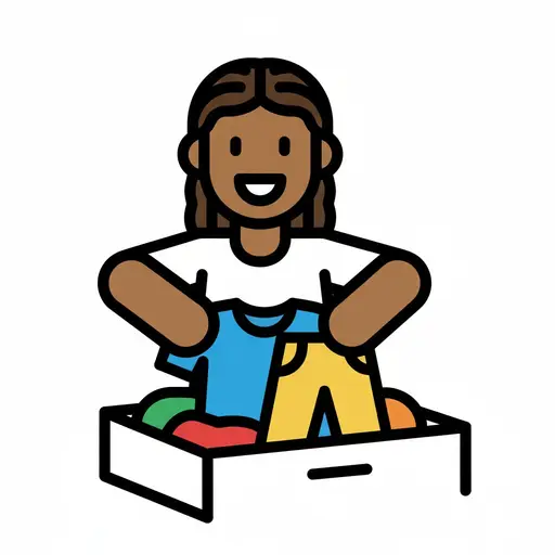 An individual smiles while pulling clothes from a box.