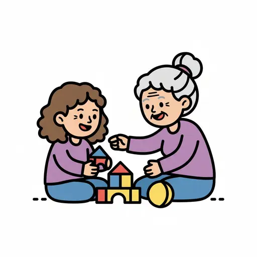 A young person and an older person sitting and playing with colorful building blocks.