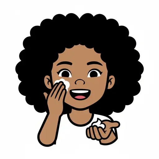 A girl applies sunscreen to her cheek with her hand, holding a blob of sunscreen in her other hand.
