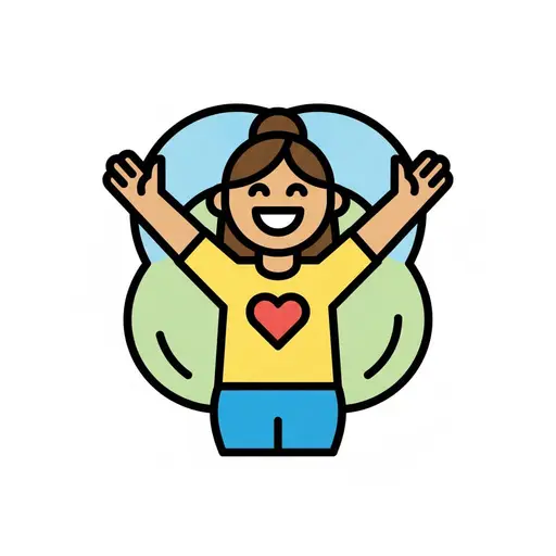 A girl stands with her arms raised, smiling, with a heart on her shirt.