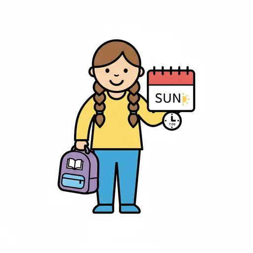 Een meisje houdt een paarse rugzak en een kalenderblad voor zondag vast, met een klok die zeven uur aangeeft.