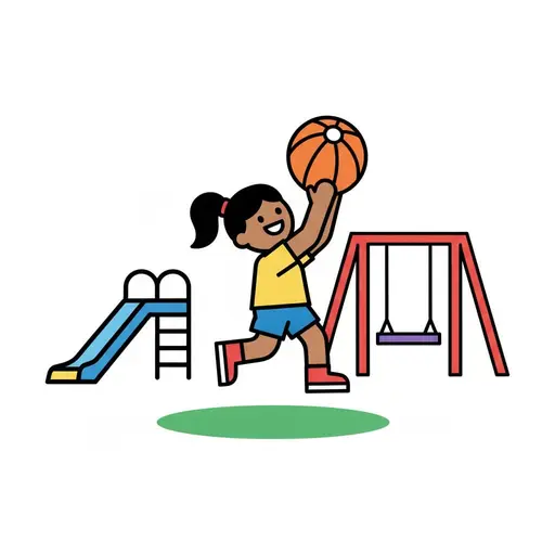 A girl jumps with a basketball in a playground with a slide and swings.