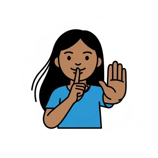 Een tekening van een persoon die een vinger tegen de lippen houdt om aan te geven dat het stil moet zijn, met de andere hand omhoog als stopteken.