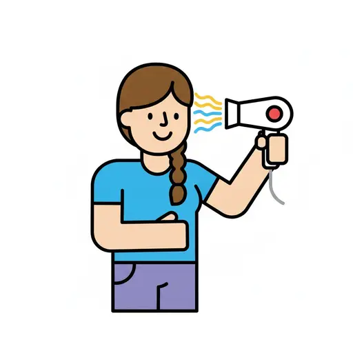 A girl dries her hair with a hairdryer.