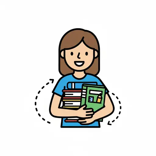 Een meisje houdt een stapel boeken en een schrift vast.