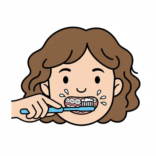 A person brushes their teeth and braces with a toothbrush, showing good oral hygiene.