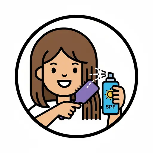 Een meisje borstelt haar lange haar terwijl ze een spray met beschermingsfactor vasthoudt.