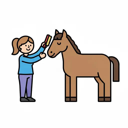 En pige børster en hest med en børste.