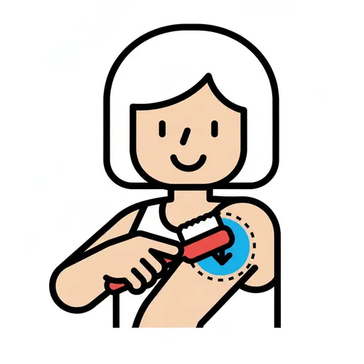 Een meisje houdt een borstel tegen haar schouder terwijl een gemarkeerde cirkel de plek aangeeft die geboend moet worden.
