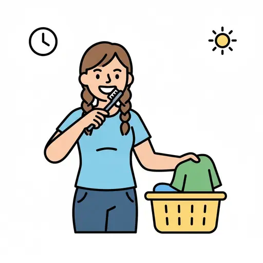 A girl with braids brushes her teeth and holds a laundry basket, with a clock and a sun above.