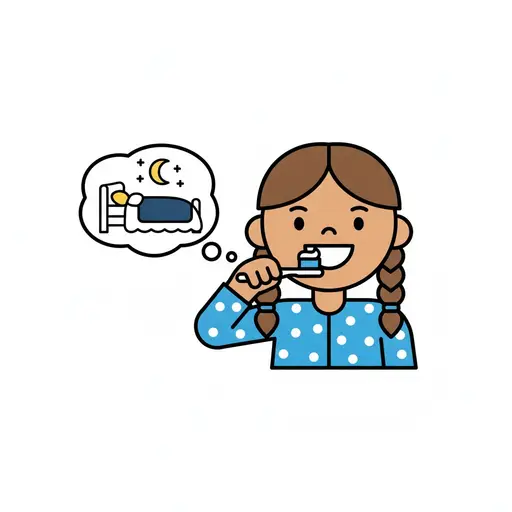 Een meisje in een gestippelde pyjama poetst haar tanden terwijl een gedachtewolk een bed onder de maan laat zien.
