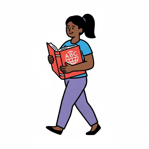 A girl walks holding a red book with ABC and a globe.