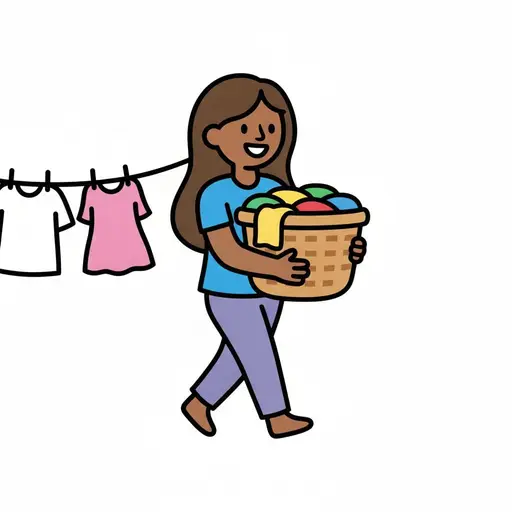 A happy girl with long hair walks away from a washing line carrying a wicker basket full of dry laundry.