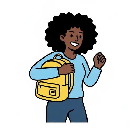 A smiling girl in a blue top swings a yellow backpack onto her shoulder as she sets off.