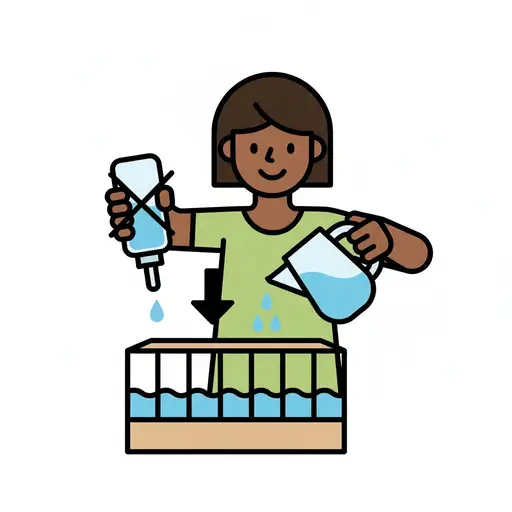 A person is emptying old water from a pet bottle and refilling a pet cage with fresh water from a pitcher.