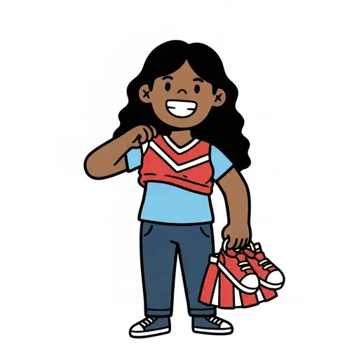 Een vrolijk meisje trekt een rood cheerleadingshirt aan en houdt pompons en schoenen vast.