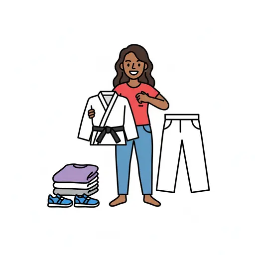 Een meisje staat met een karatejas en broek voor zich.