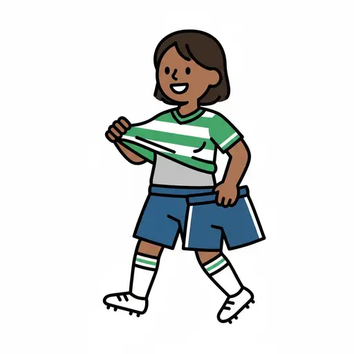 A person pulling a green and white striped soccer jersey over their head while holding blue soccer shorts.