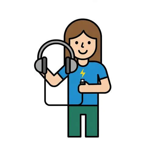 A girl holds a pair of headphones with a cable, a lightning symbol shows they are charging.