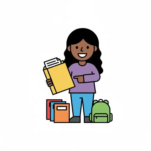 Ein Mädchen mit langen Haaren hält eine gelbe Mappe mit Blättern und zeigt darauf, daneben Bücher und ein grüner Rucksack.