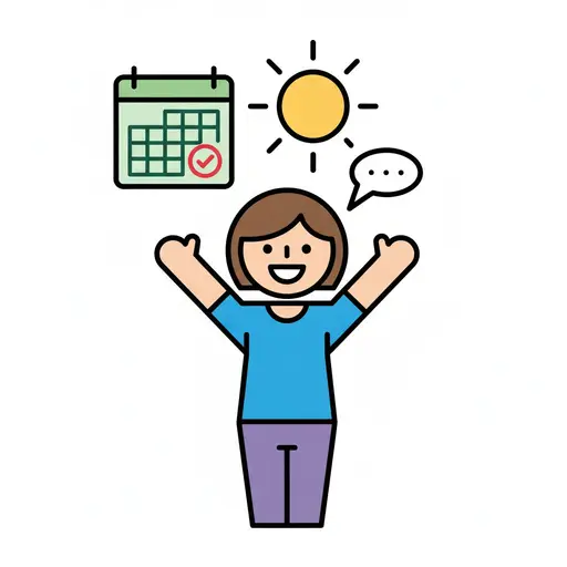 En glad pige strækker armene op med solen og en kalender ovenover.