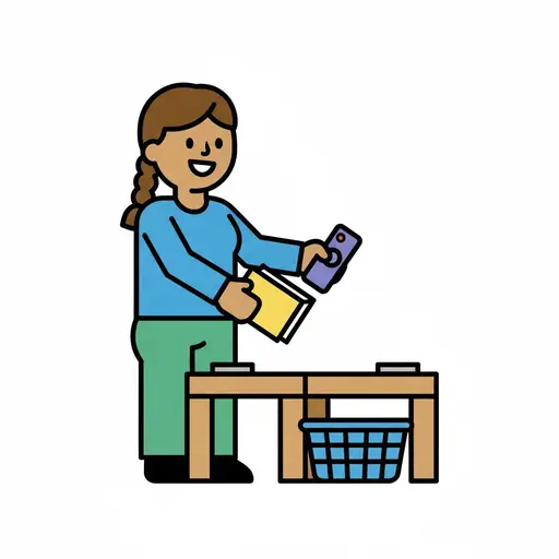 A girl clears a book and a phone off the table into a basket.