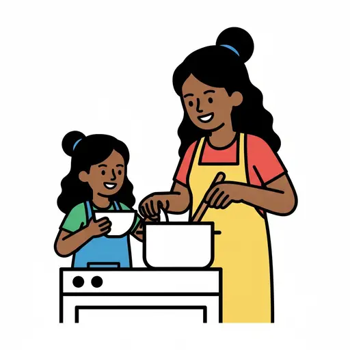 Een meisje helpt haar moeder met koken in een pan op het fornuis.