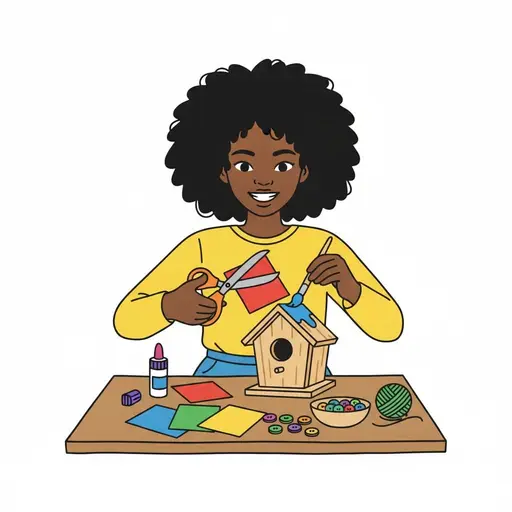 A girl cuts red paper and paints a birdhouse at a table with buttons and yarn.