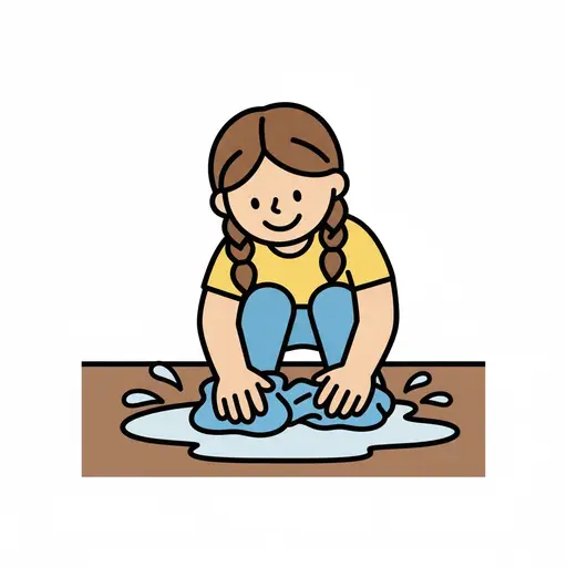 Een meisje met vlechten hurkt op een bruine vloer en neemt een plas water op met een blauwe doek.