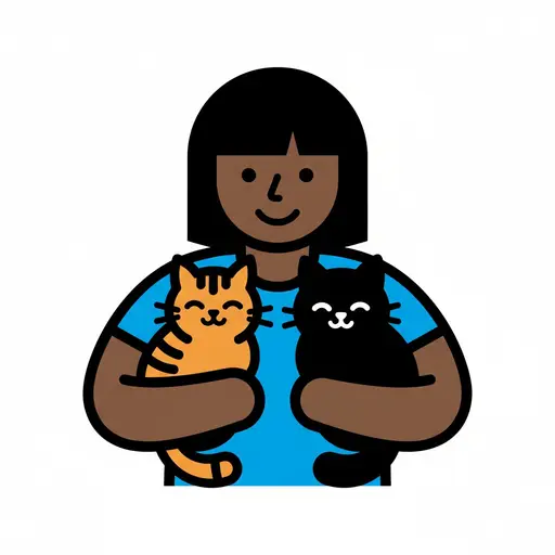 A girl holding two cats, one orange and one black.