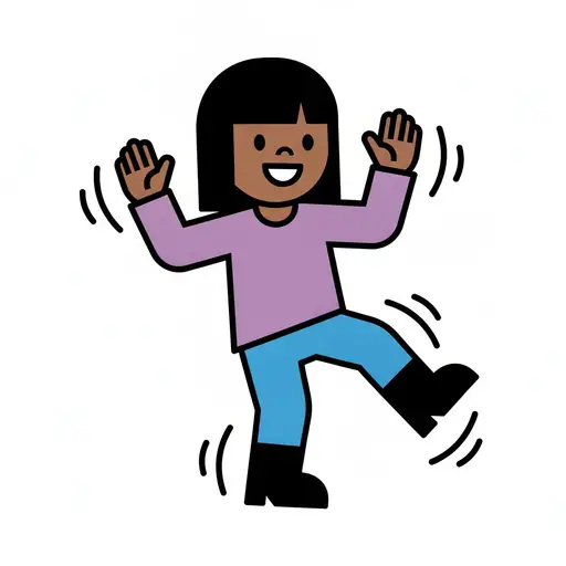 En flicka dansar med armarna uppsträckta och ena benet lyft, med rörelselinjer runt sig.