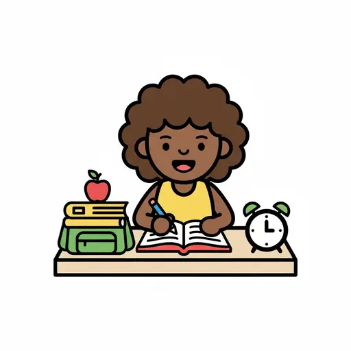 Ein Mädchen sitzt an einem Schreibtisch und schreibt mit einem Bleistift in ein Buch. Auf dem Schreibtisch liegen ein Rucksack, Bücher, ein Apfel und ein Wecker.
