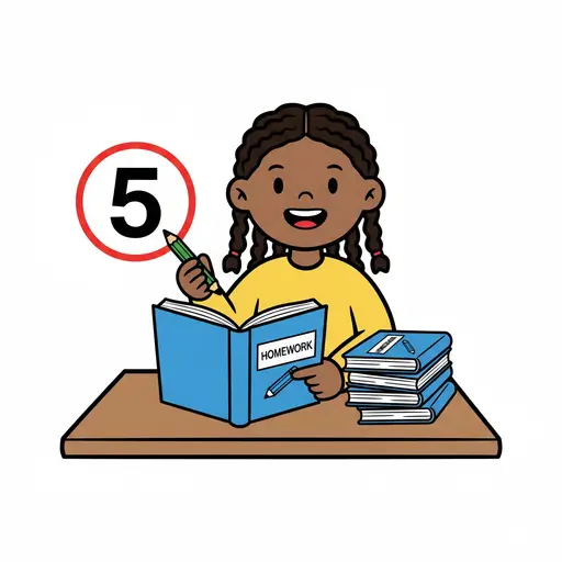 Ein Mädchen sitzt an einem Schreibtisch und schreibt in ein Hausaufgabenheft. Neben ihr ist ein Kreis mit der Zahl 5.