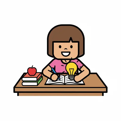 Eine Illustration eines Mädchens, das an einem Schreibtisch sitzt und in ein Notizbuch schreibt. Ein Glühbirnen-Symbol, Bücher und ein Apfel liegen auf ihrem Schreibtisch.