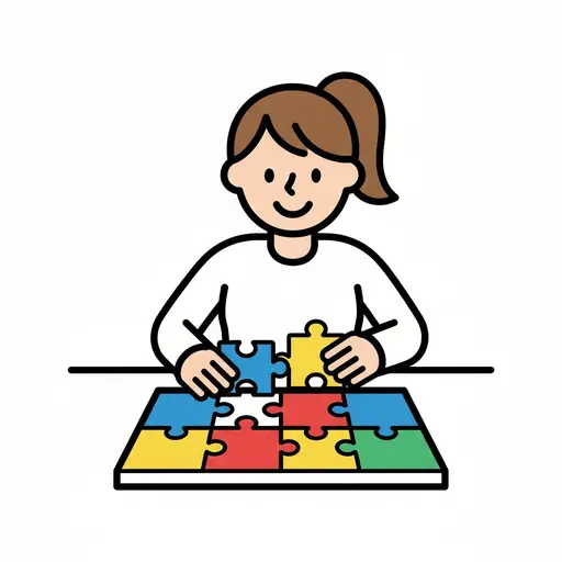 A girl with brown hair in a ponytail sits at a table assembling a puzzle with several large colorful pieces.