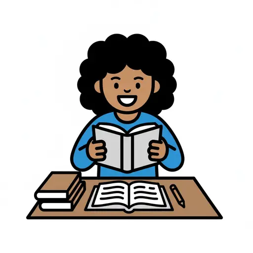Een meisje zit aan een bureau met een opengeslagen boek in haar handen en een open schrift en potlood op tafel.