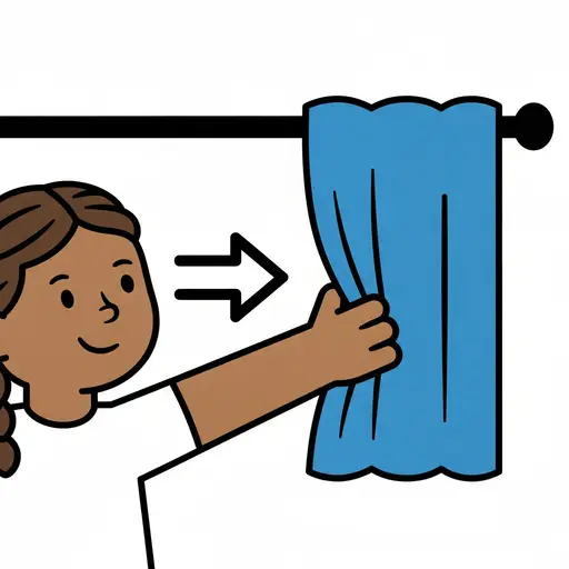 A girl reaches up and pulls a blue curtain across the rod, with an arrow pointing toward it.