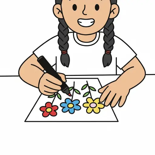 Een meisje tekent kleurige bloemen op een vel papier met een stift.
