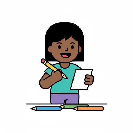 A girl draws with a pencil with coloured pencils on the table.